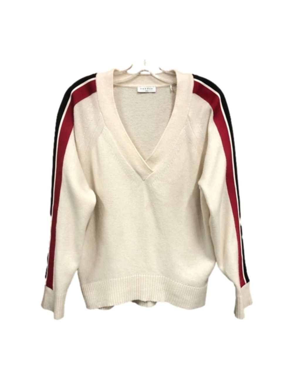 Sandro Paris Briona cream sport stripe varsity wool poly blend vneck pullover